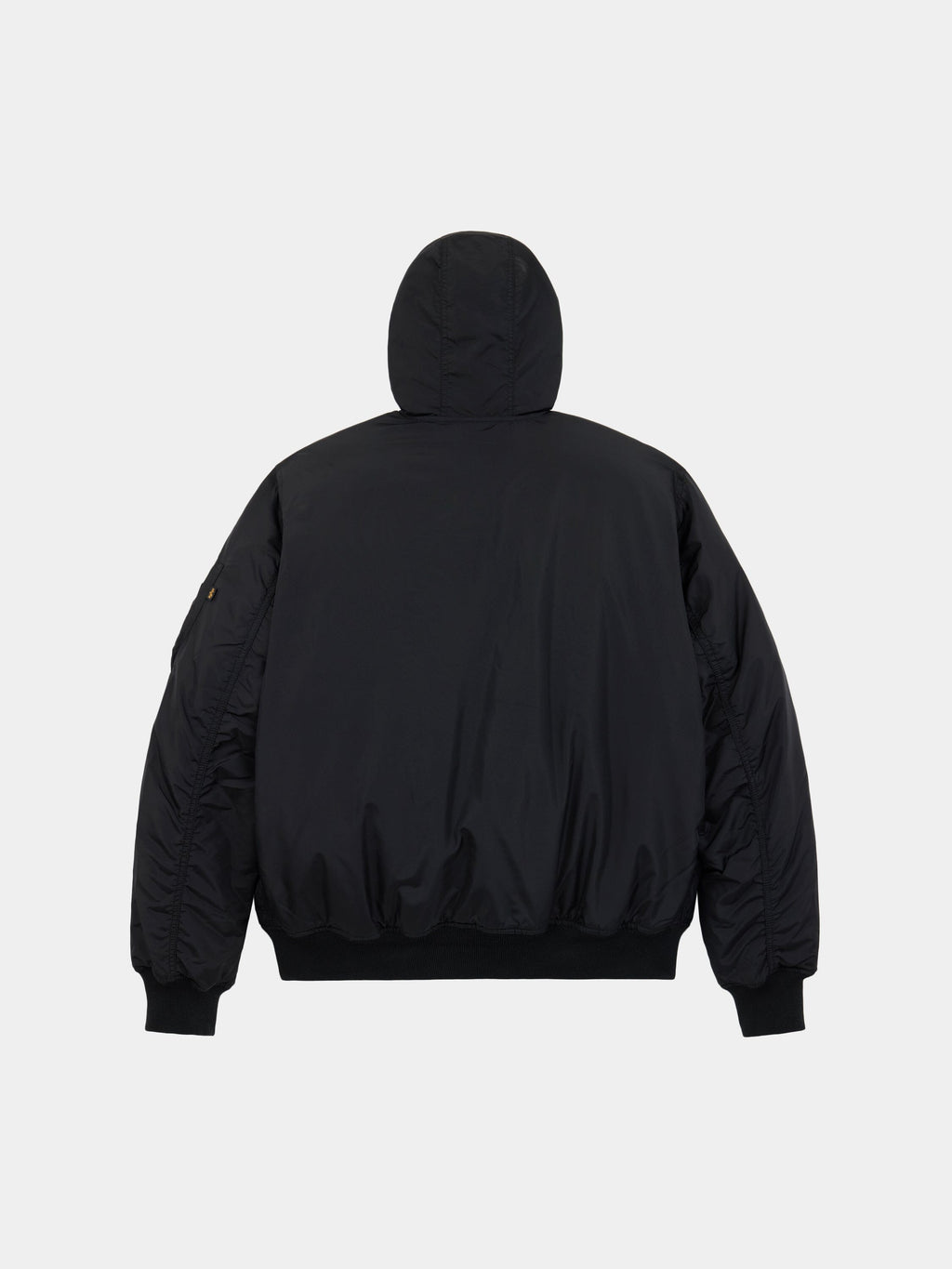 MA-1 Hooded Oxford Flight Jacket by Alpha Industries, black puffer with hood.