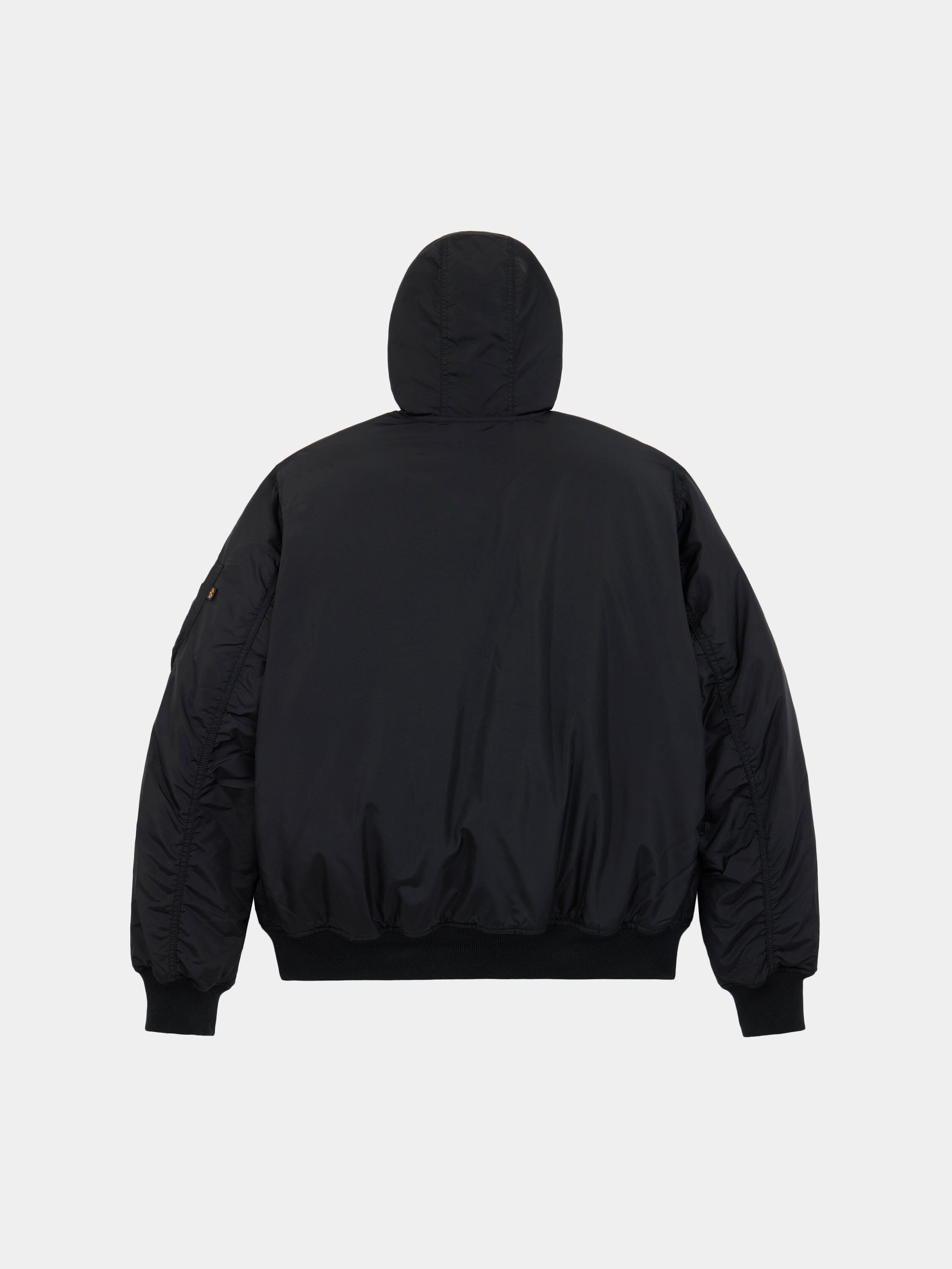 MA-1 Hooded Oxford Flight Jacket by Alpha Industries, black puffer with hood.