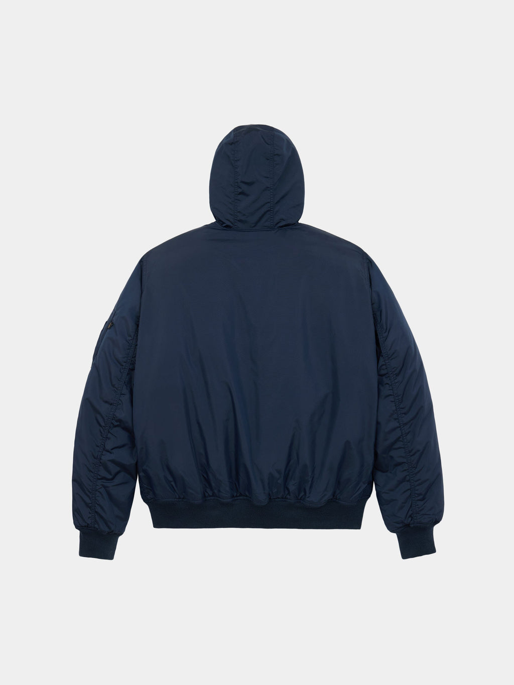 Alpha Industries MA-1 Hooded Oxford Flight Jacket in navy with hood.
