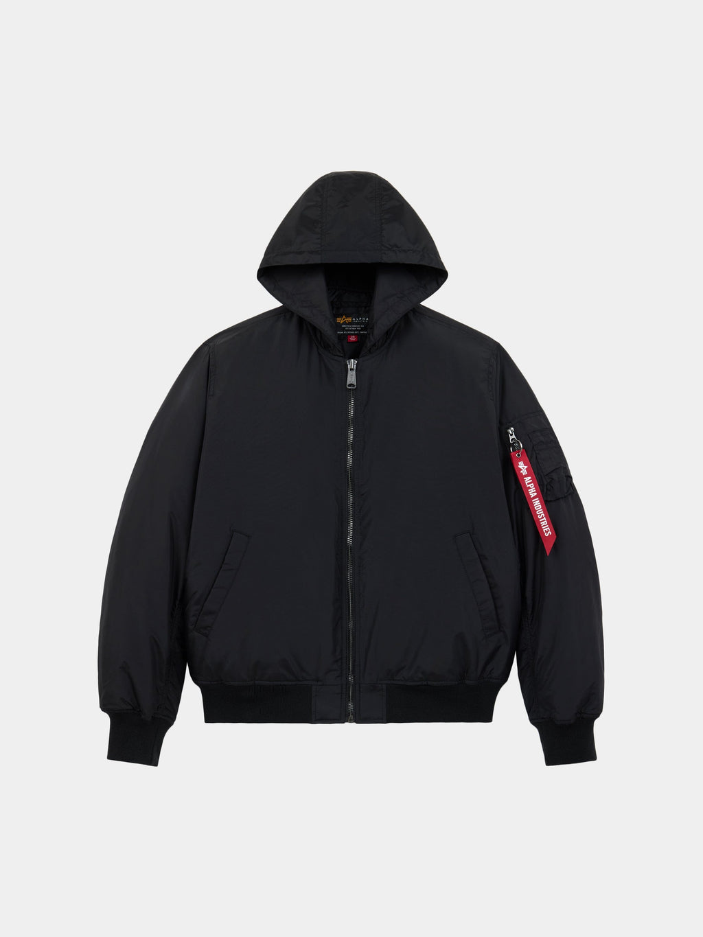 Alpha Industries MA-1 Hooded Oxford Flight Jacket in black with front zipper, two side pockets, ribbed cuffs and hem, red tag on sleeve.