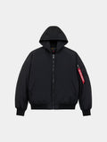 Alpha Industries MA-1 Hooded Oxford Flight Jacket in black with front zipper, two side pockets, ribbed cuffs and hem, red tag on sleeve.