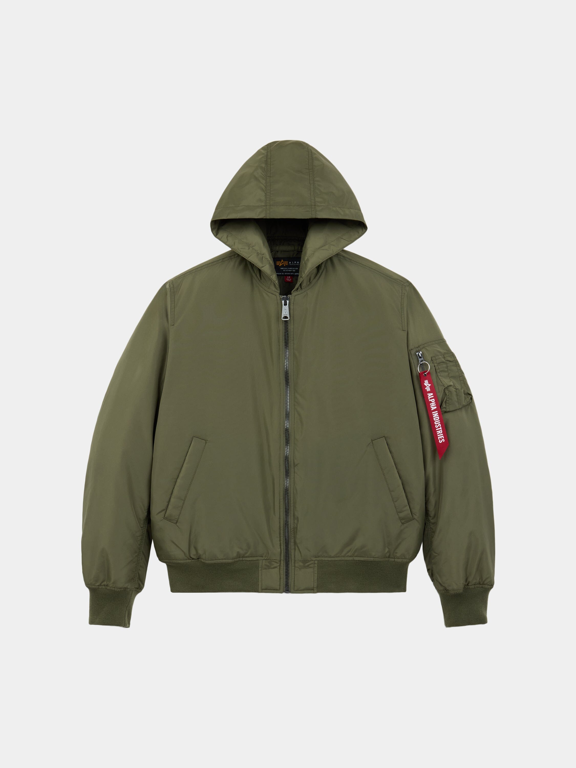 Alpha Industries MA-1 Hooded Oxford Flight Jacket in Og-107 Green with oxford nylon, zip closure, ribbed cuffs and hem, front pockets, red Remove Before Flight tag on sleeve pocket.