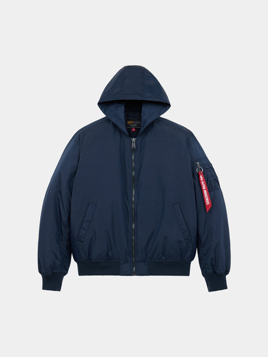 Alpha Industries MA-1 Hooded Oxford Flight Jacket in Replica Blue with oxford nylon, hood, front zipper, ribbed cuffs and hem.