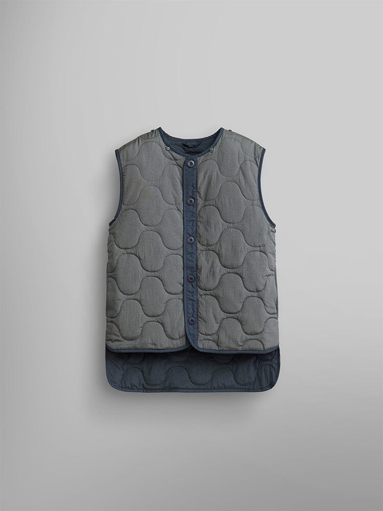 The Women's 3-in-1 MA-1 Quilted Liner by Alpha Industries boasts a gray quilted design with a button-up front and symmetrical pattern, enhanced by an onion quilted liner.