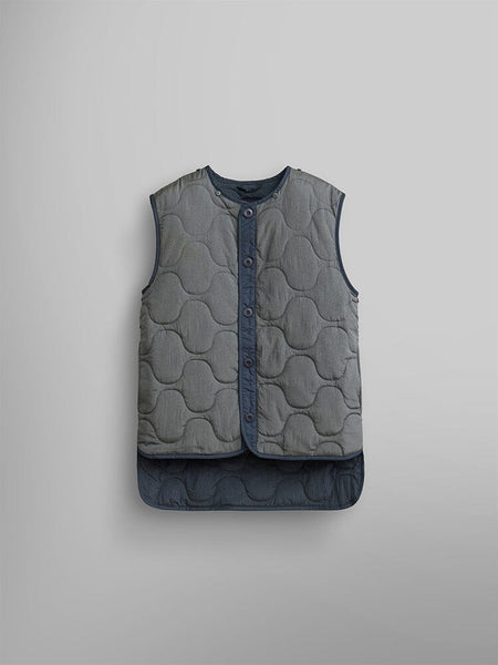 The Women's 3-in-1 MA-1 Quilted Liner by Alpha Industries boasts a gray quilted design with a button-up front and symmetrical pattern, enhanced by an onion quilted liner.
