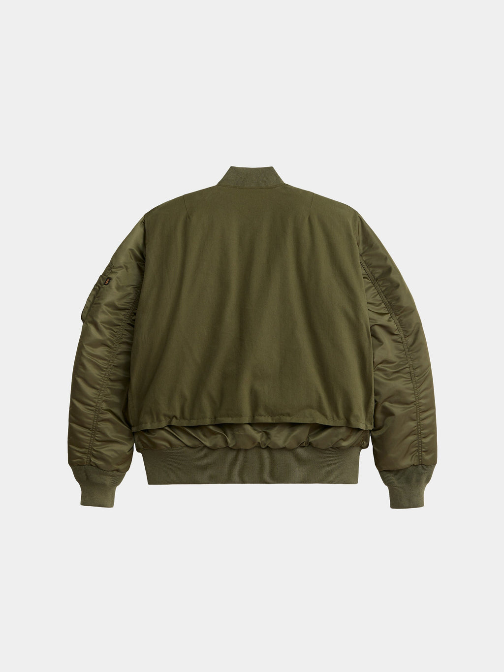 Alpha Industries MA-1 Mixed Cotton Flight Jacket in olive green with ribbed cuffs, waistband, collar, quilted sleeves, plain back panel.