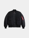 Alpha Industries MA-1 Mixed Cotton Flight Jacket in black with front pockets, ribbed cuffs and hem, zipper closure, red tag on sleeve.