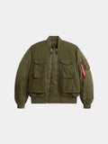 Alpha Industries MA-1 Mixed Cotton Flight Jacket in Og-107 Green with two front flap pockets, zip closure, ribbed cuffs and hem, red tag on sleeve zipper.