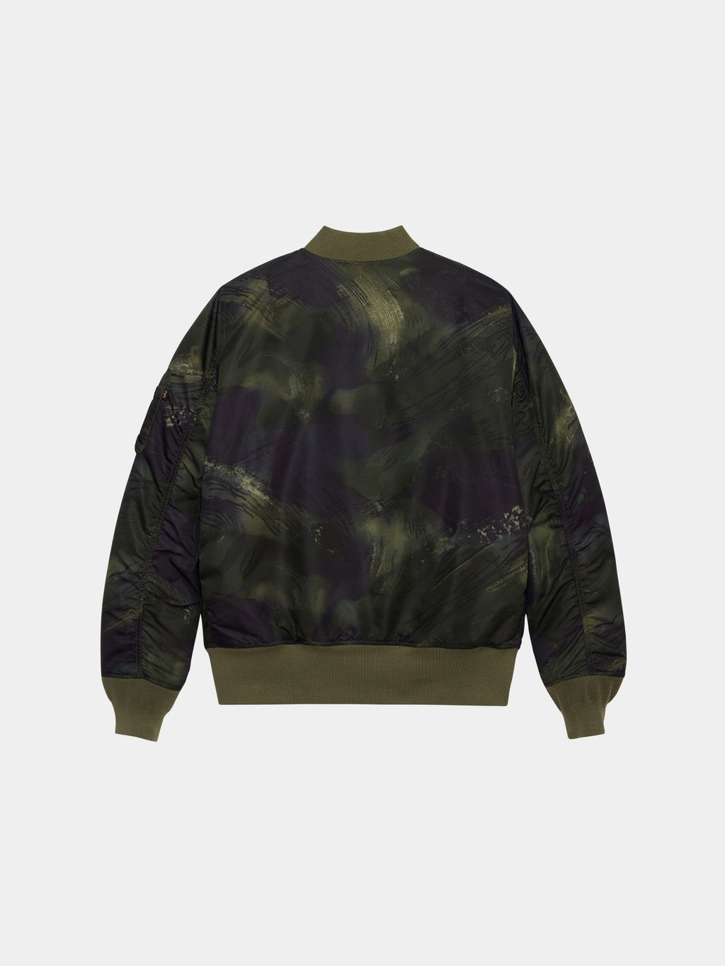 Alpha Industries MA-1 Mod Bomber Jacket with water-resistant olive and black camo, olive ribbed cuffs, hem, and collar.