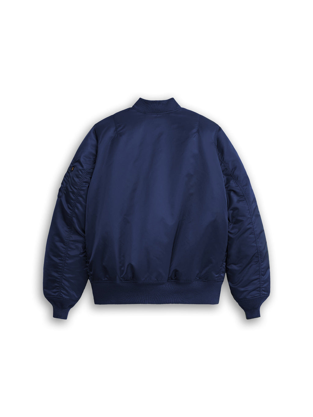 Alpha Industries MA-1 Mod Bomber Jacket in navy blue with ribbed cuffs, waistband, collar, and a utility sleeve pocket.