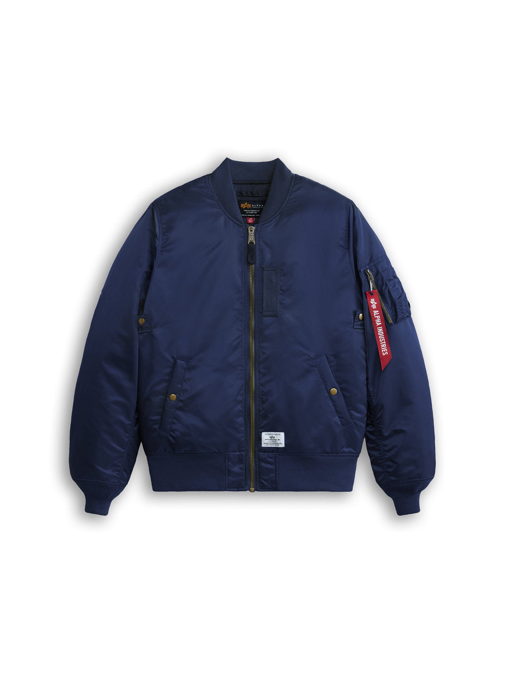 Alpha Industries MA-1 Mod Bomber Jacket in Replica Blue with front zipper, ribbed cuffs and hem, snap pockets, sleeve utility pocket.