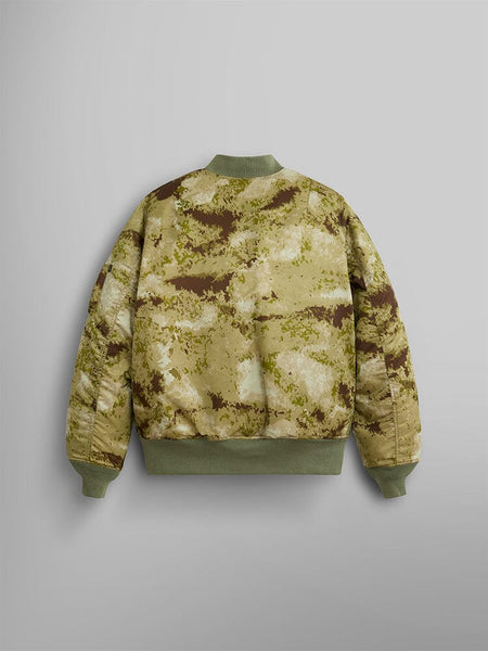 Alpha Industries MA-1 Mod Bomber Jacket, camouflage design, green ribbed cuffs, waistband, collar.