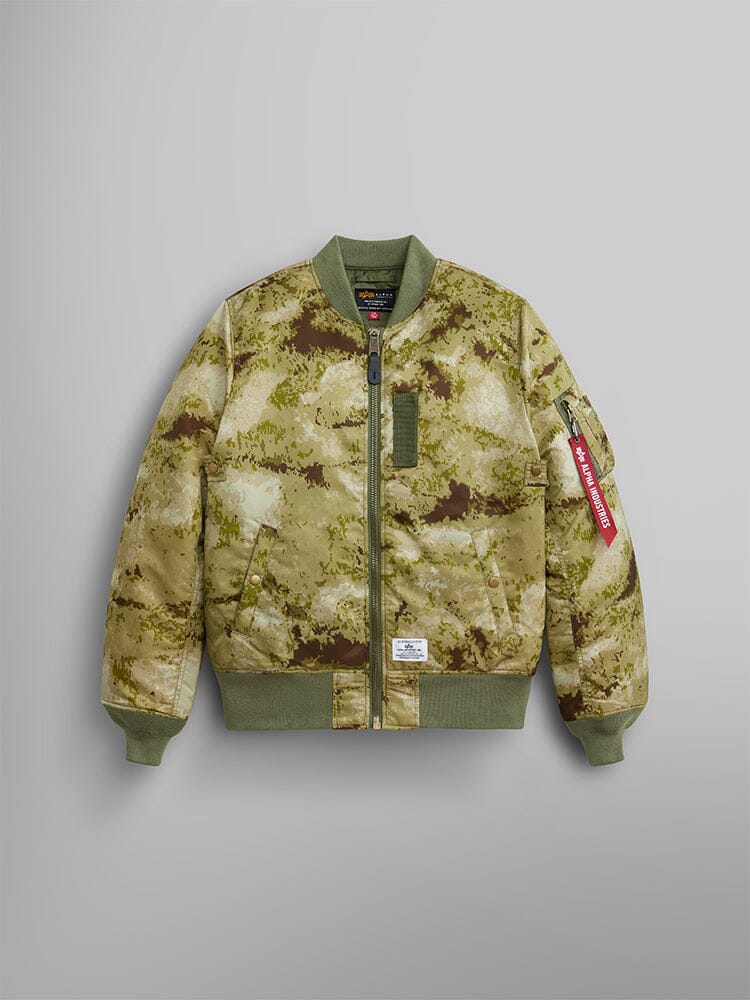 MA-1 Mod Bomber Jacket by Alpha Industries, Green Blur Camo print, front zipper, olive green cuffs and hem, red Remove Before Flight sleeve tag, water-resistant finish.