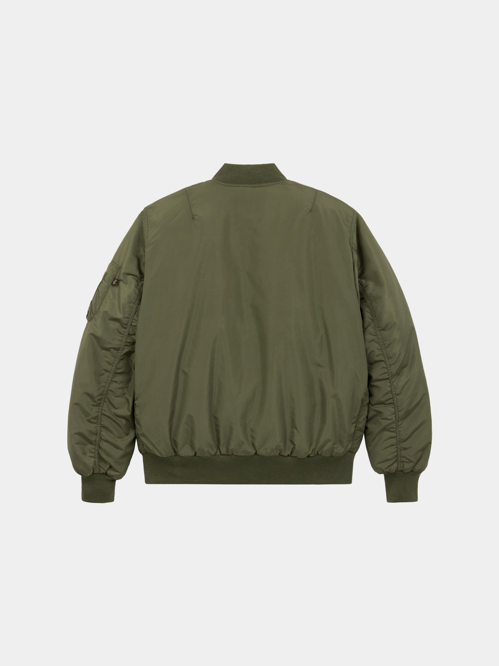 Alpha Industries MA-1 Oxford Flight Jacket in olive green with ribbed cuffs, waistband, collar, and left arm sleeve pocket.