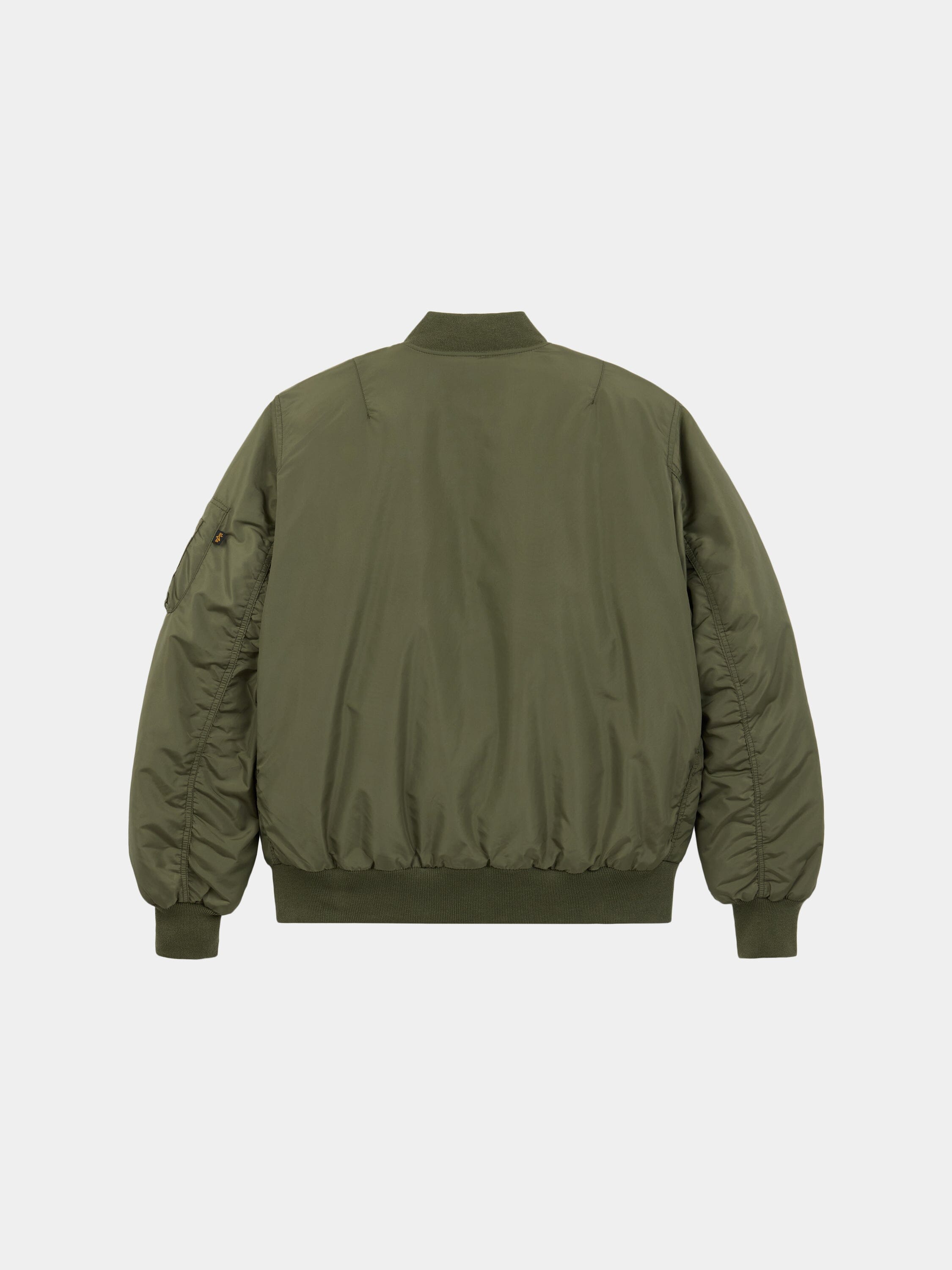 Alpha Industries MA-1 Oxford Flight Jacket in olive green with ribbed cuffs, waistband, collar, and left arm sleeve pocket.