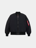 Black MA-1 Oxford Flight Jacket by Alpha Industries with front zipper, ribbed cuffs and hem, two side pockets, red sleeve tag.