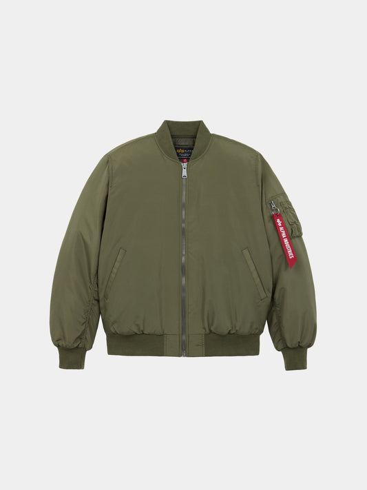 Alpha Industries MA-1 Oxford Flight Jacket in OG-107 green with front zipper, two side pockets, ribbed cuffs and hem, red sleeve zipper tag, oxford nylon.