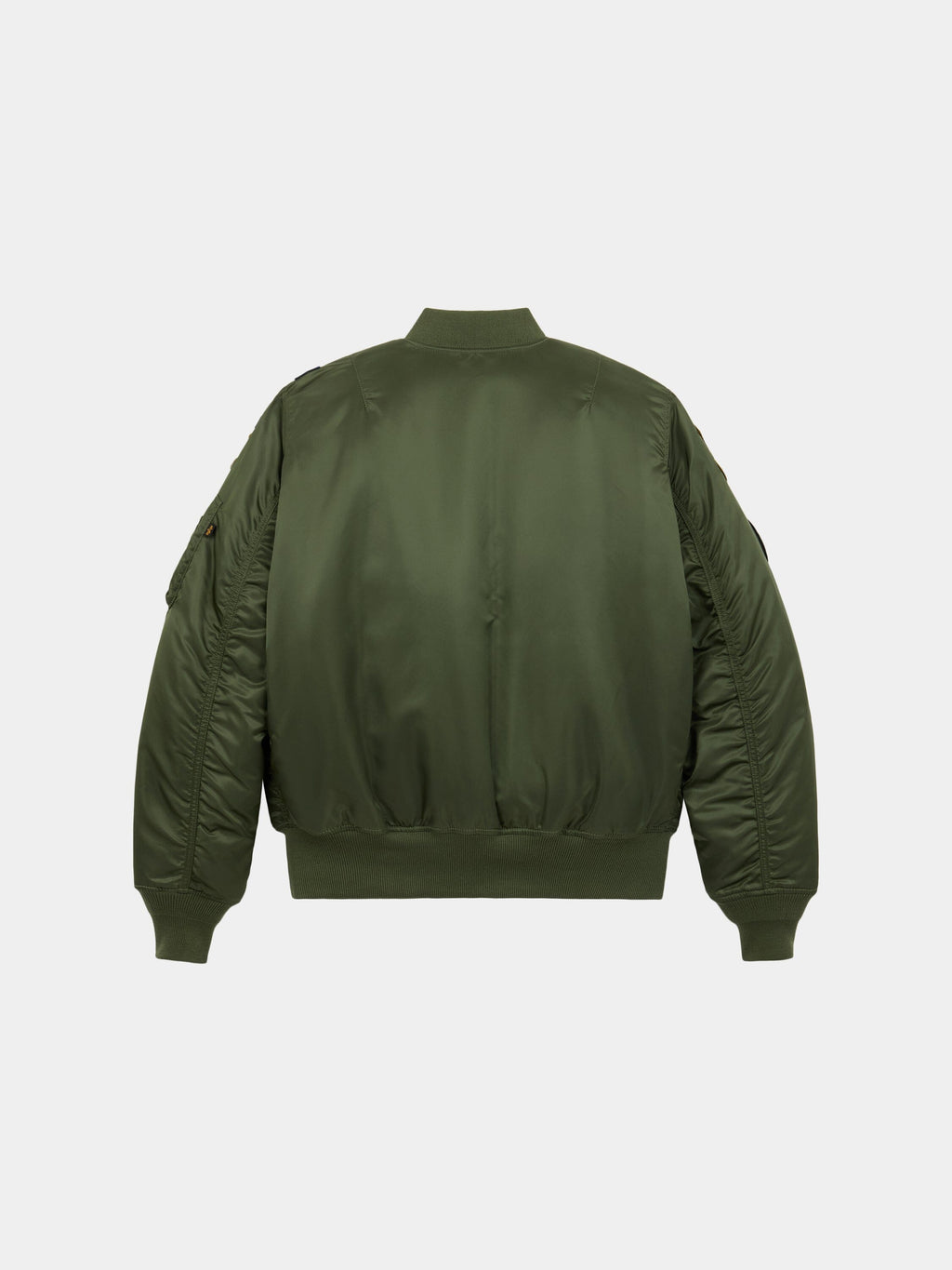 MA-1 Squadron Bomber Jacket by Alpha Industries in green with ribbed cuffs, waistband, collar, quilted sleeves, and water resistant.