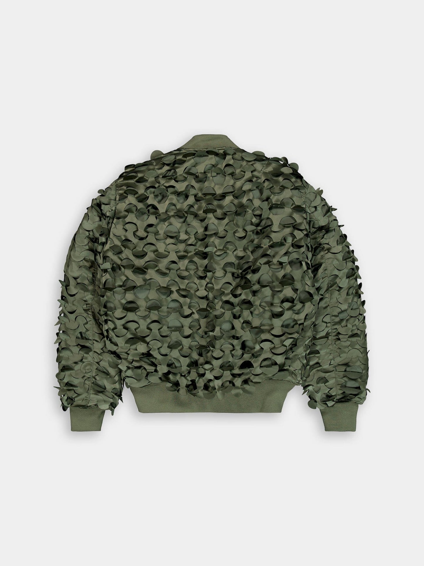 Alpha Industries MA-1 ULCANS Flight Jacket, green bomber style with textured wavy layered camouflage-inspired pattern on back and sleeves.