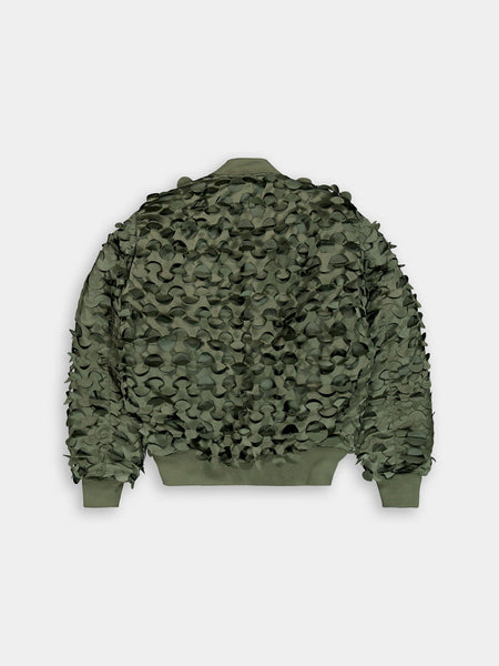 Alpha Industries MA-1 ULCANS Flight Jacket, green bomber style with textured wavy layered camouflage-inspired pattern on back and sleeves.