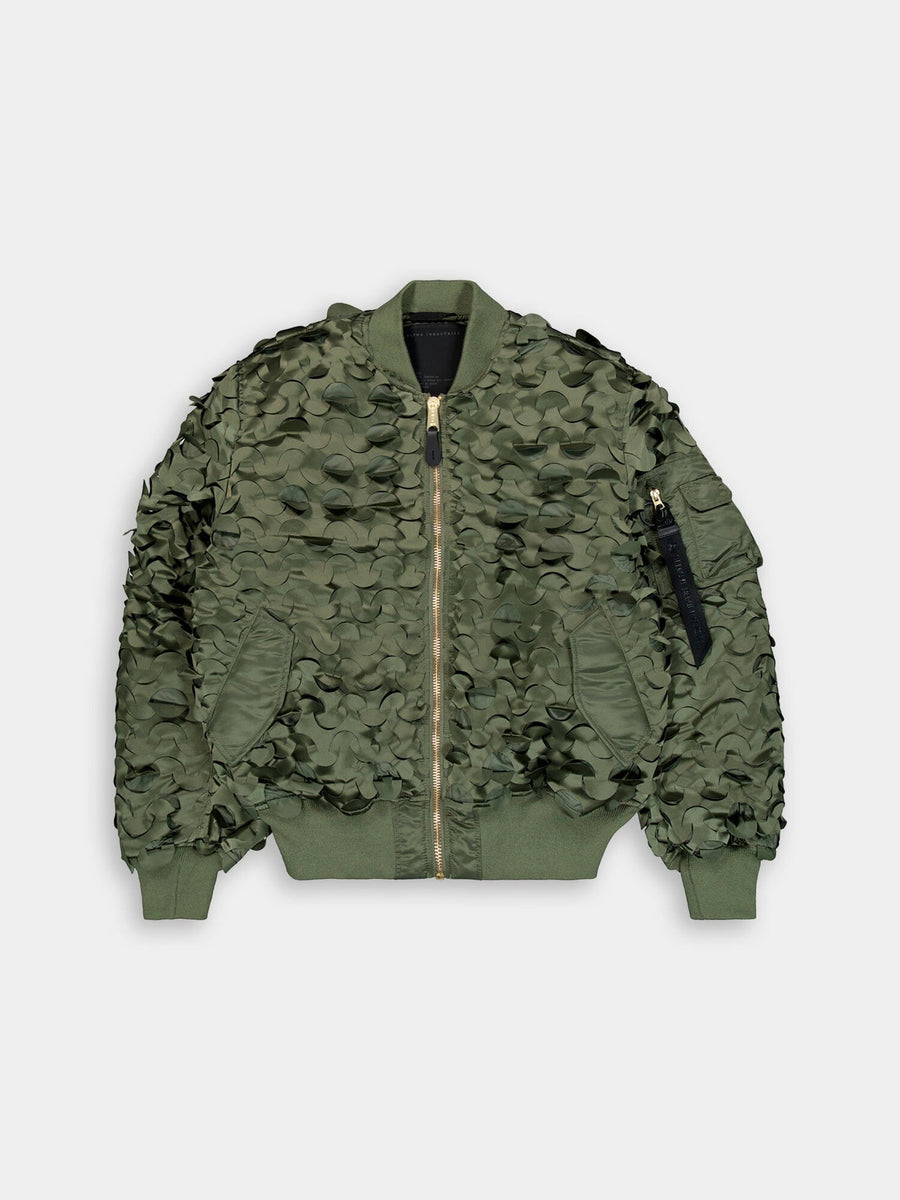 Alpha Industries MA-1 ULCANS Flight Jacket, sage, textured camo pattern, ribbed cuffs and hem, front zipper, zippered sleeve pocket with black tag.