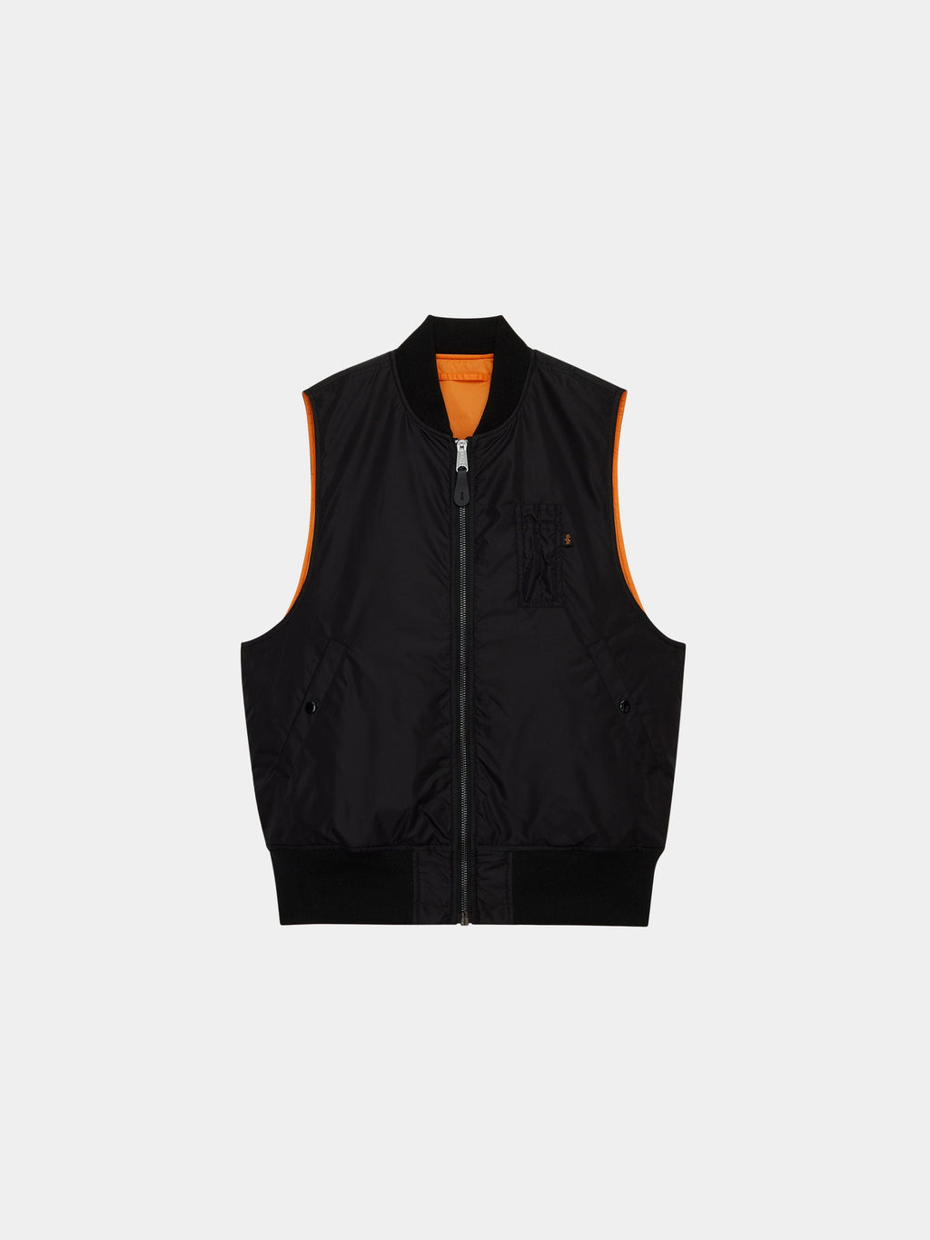 Alpha Industries MA-1 Oxford Vest in black, sleeveless, ribbed collar and hem, orange lining, front pockets, visible stitching, oxford nylon.