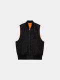 Alpha Industries MA-1 Oxford Vest in black, sleeveless, ribbed collar and hem, orange lining, front pockets, visible stitching, oxford nylon.