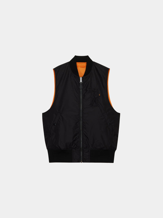 Alpha Industries MA-1 Oxford Vest in black, sleeveless, ribbed collar and hem, orange lining, front pockets, visible stitching, oxford nylon.