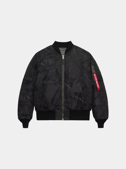 Alpha Industries MA-1 Zippered Print Flight Jacket with front zipper, two side pockets, ribbed cuffs and hem, red sleeve tag.