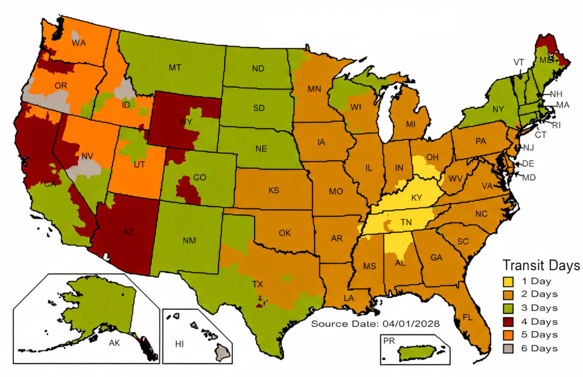 UPS ground shipping zone map of the US