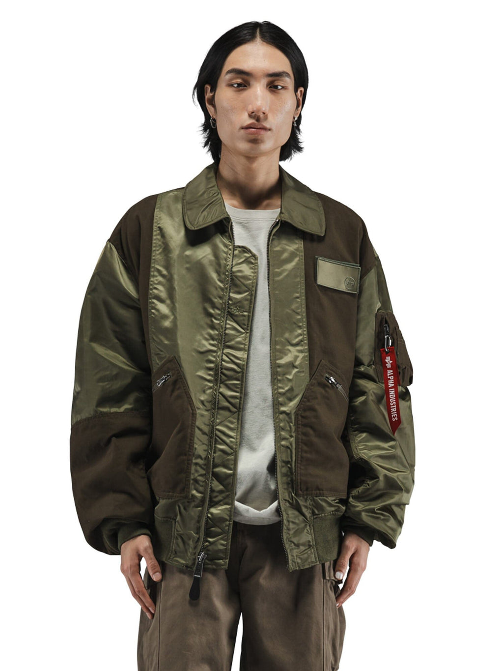 Alpha Industries Mixed Media CWU 36P Mod Jacket in green with fabric panels.