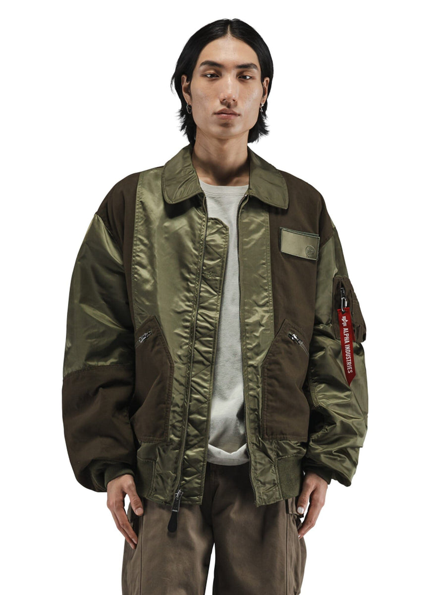 Alpha Industries Mixed Media CWU 36P Mod Jacket in green with fabric panels.