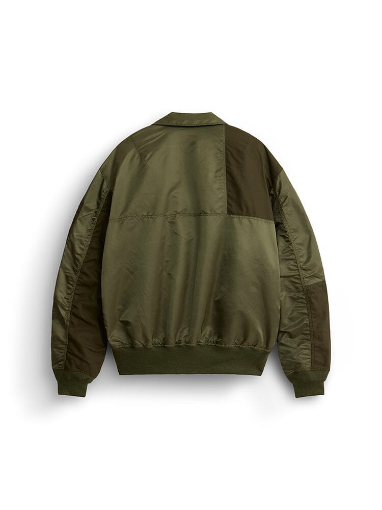 Alpha Industries Mixed Media CWU 36P Mod Jacket in olive green with ribbed hem and cuffs, sleeve and body panel details.