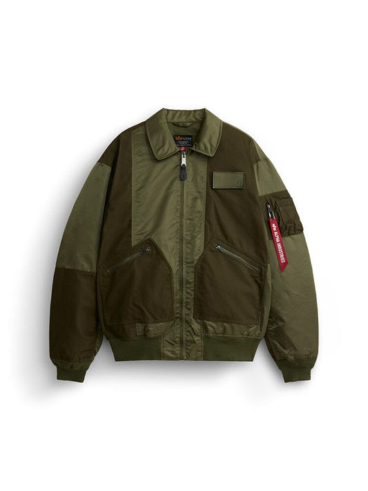 Alpha Industries Mixed Media CWU 36P Mod Jacket, OG-107 Green, multiple shades, front zipper, two zippered pockets, sleeve pocket with red tag, ribbed collar, cuffs, and hem.