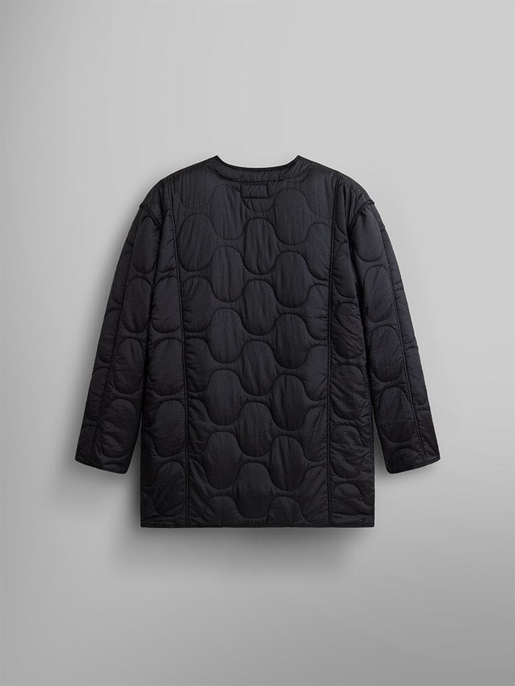 Back view of the Women's Mixed Media Quilted Long Liner by Alpha Industries, showcasing its black onion quilting pattern. The jacket boasts a circular, padded design with a sleek nylon liner.