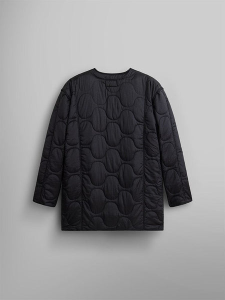 Back view of the Women's Mixed Media Quilted Long Liner by Alpha Industries, showcasing its black onion quilting pattern. The jacket boasts a circular, padded design with a sleek nylon liner.