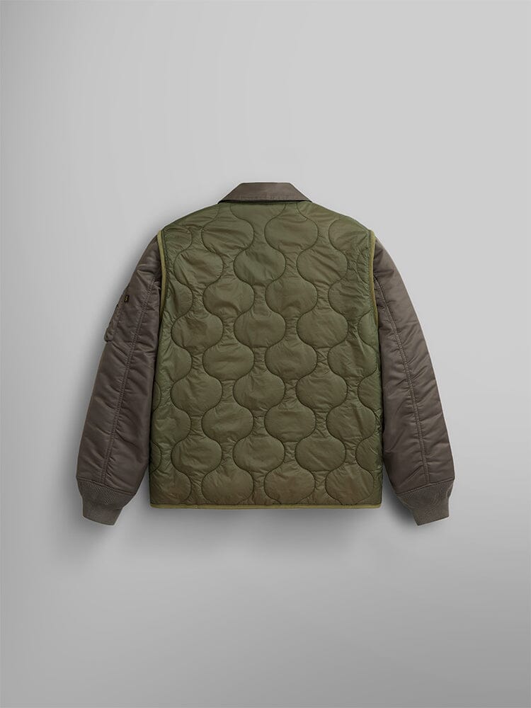 Back view of the Mixed Media Quilted Utility Jacket in olive green by Alpha Industries, featuring nylon ripstop fabric with long sleeves and a ribbed collar.