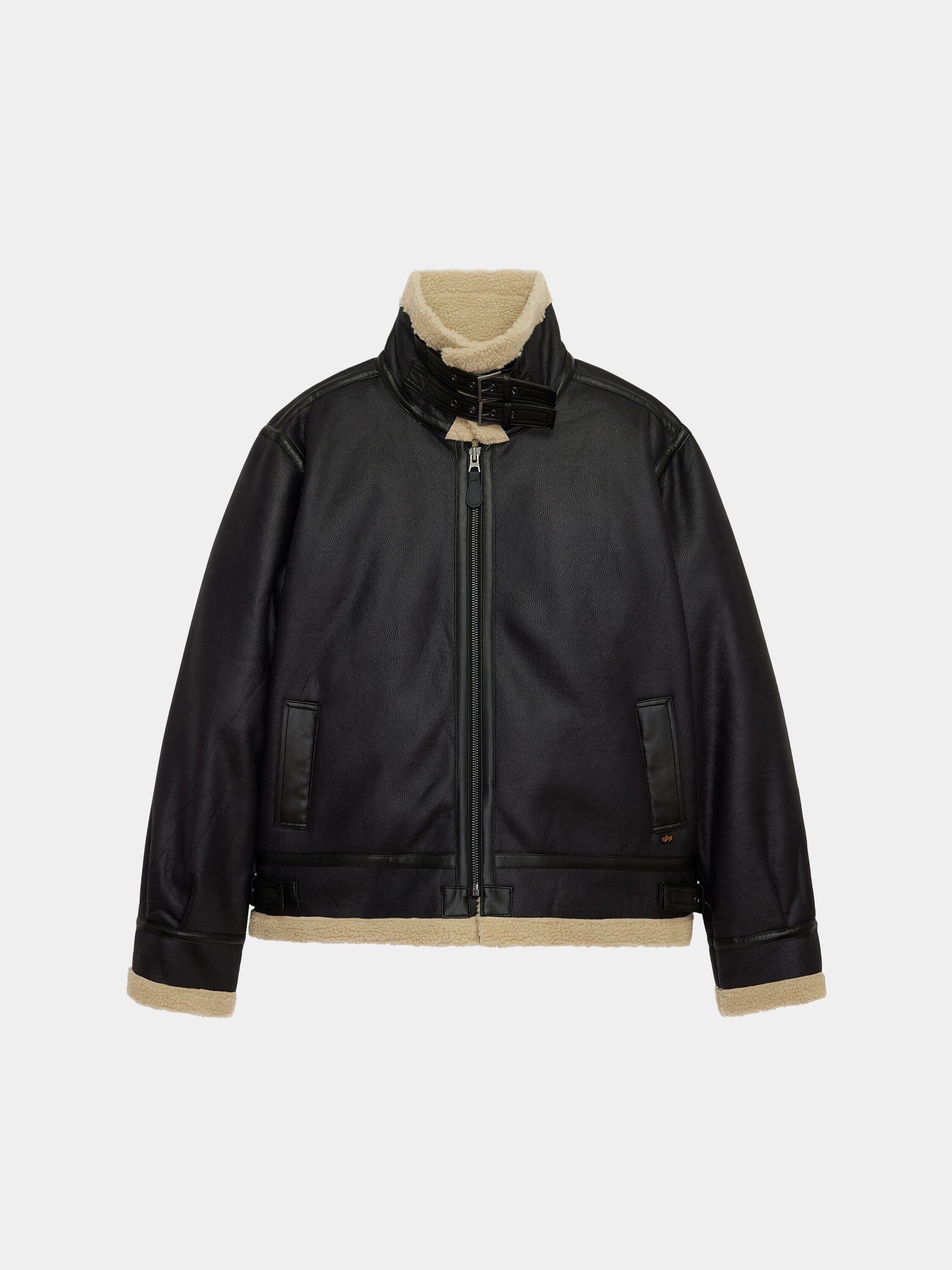 Mouton B-3 by Alpha Industries, black faux leather aviator jacket with shearling lining, front zipper, buckle collar, beige trim.