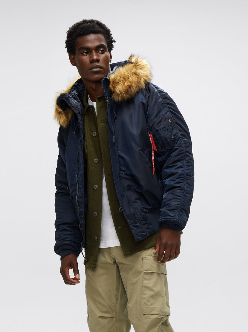 Alpha Industries N-2B Short Waist Parka navy blue, MA-1 utility pocket, zip front closure.