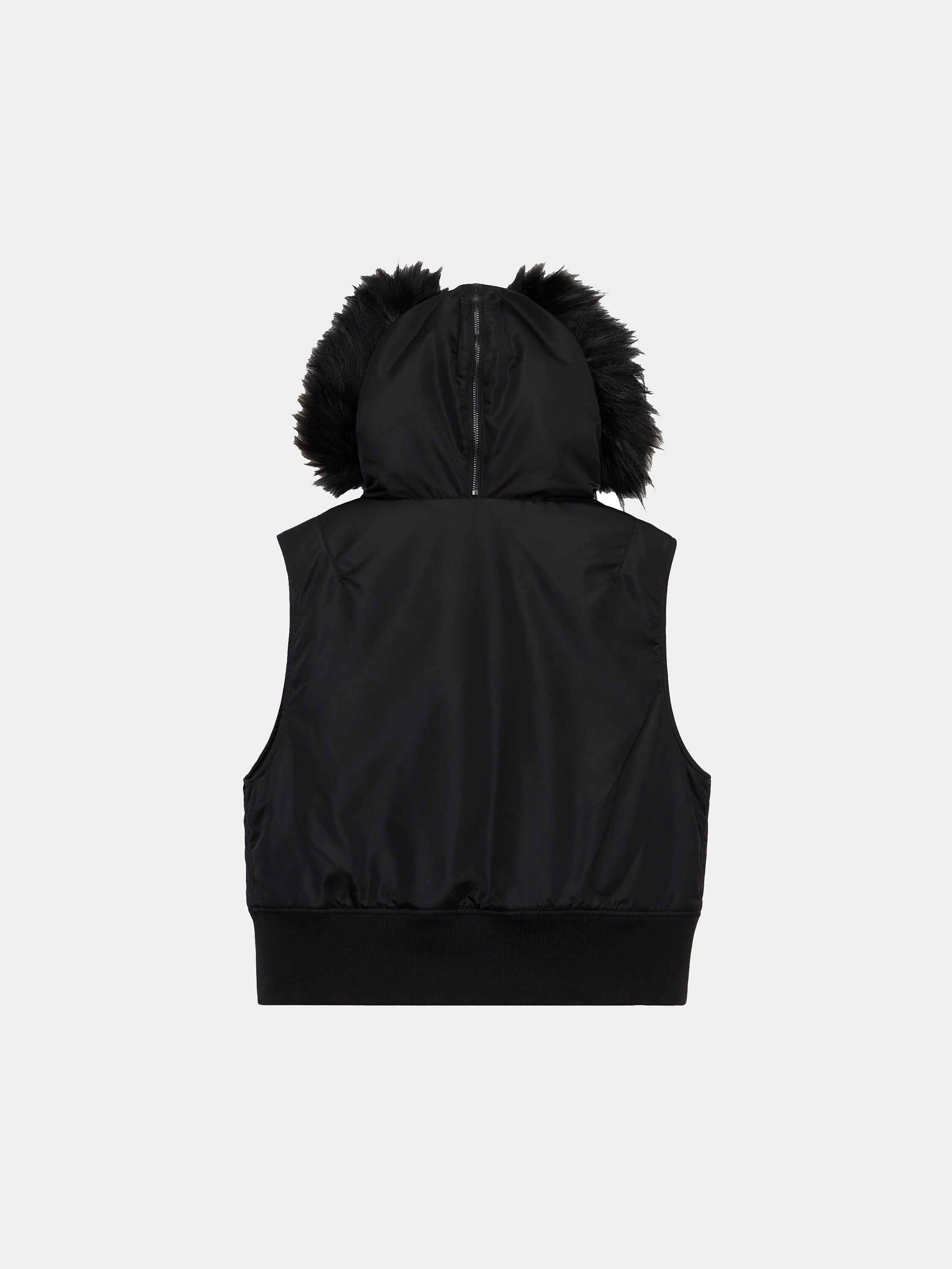 Alpha Industries N-2b Vest Womens in black flight nylon with faux fur hood, sleeveless design.