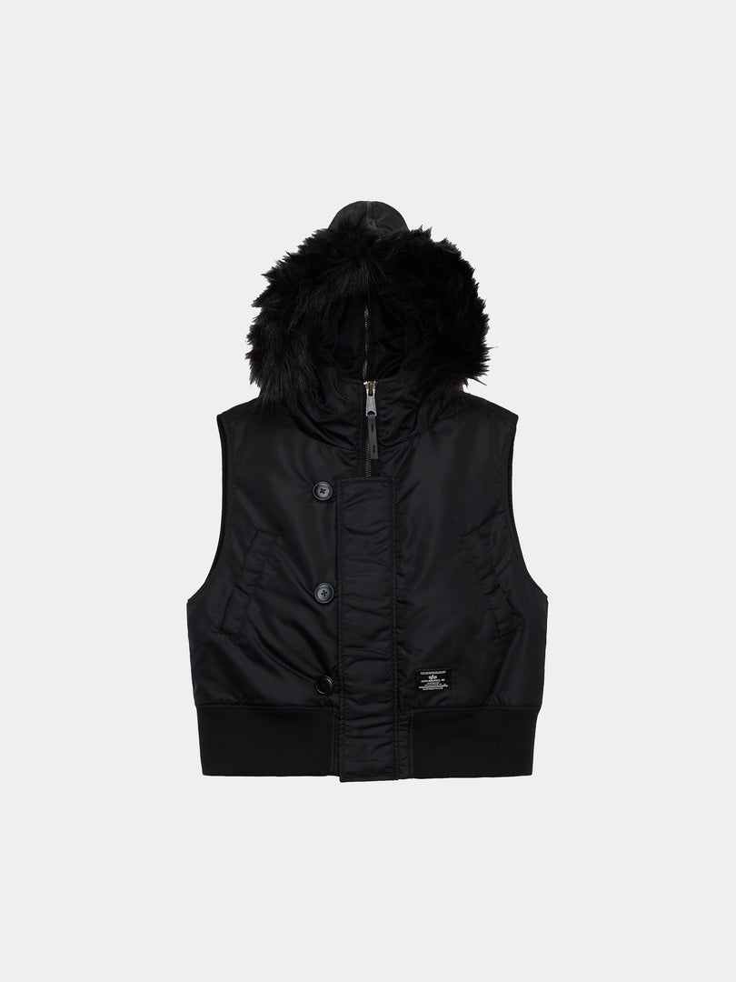 Alpha Industries N-2b Vest Womens in Black, sleeveless, detachable faux fur hood, button and zipper closure, ribbed hem, flight nylon.