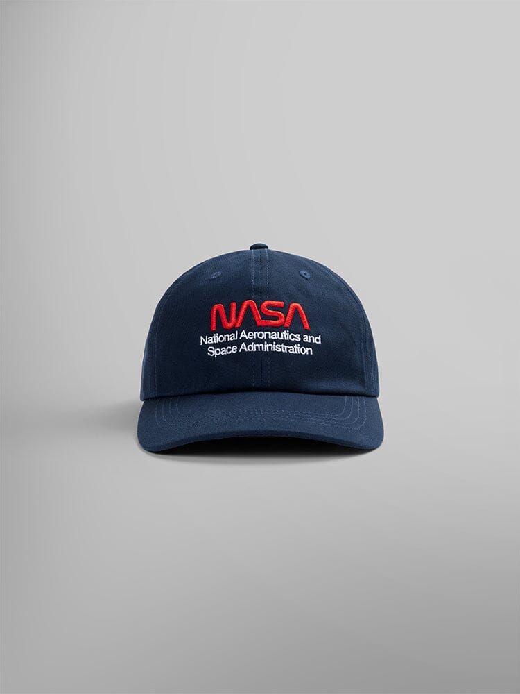 The Replica Blue NASA Worm Logo Cap by Alpha Industries features the iconic NASA Worm Logo embroidered in red and white on the front, complete with an adjustable strap for an ideal unisex fit.
