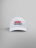 White NASA Worm Logo Cap by Alpha Industries, showcasing the red NASA worm logo and national aeronautics and space administration text on the front.