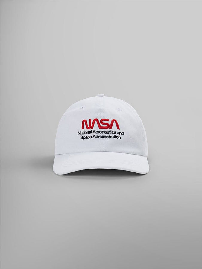 White NASA Worm Logo Cap by Alpha Industries, showcasing the red NASA worm logo and national aeronautics and space administration text on the front.