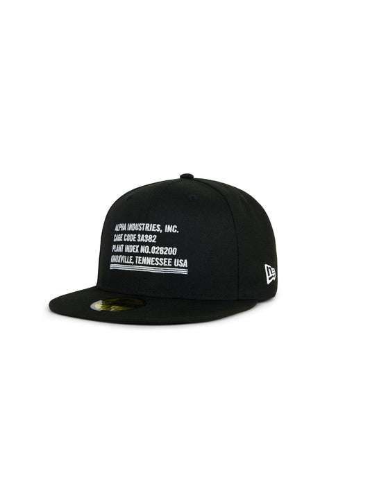5950 Cage Code Hat by Alpha Industries in Black, White Printed Text on Front Panel, Flat Brim.