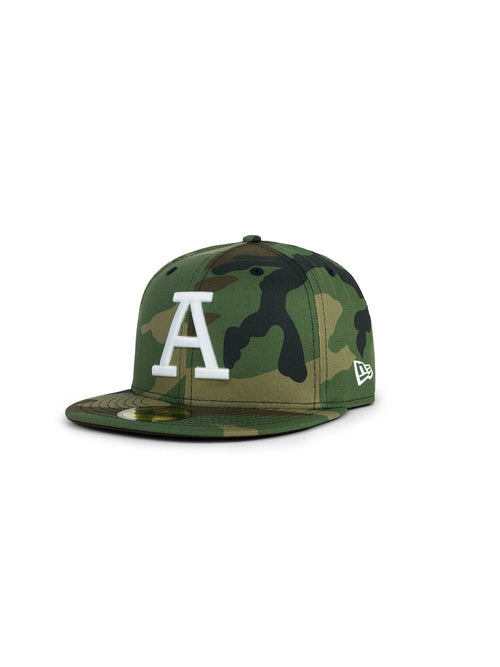 Alpha Industries 5950 Collegiate A Hat, green camouflage design, large white A on front, Alpha Industries logo on left side.