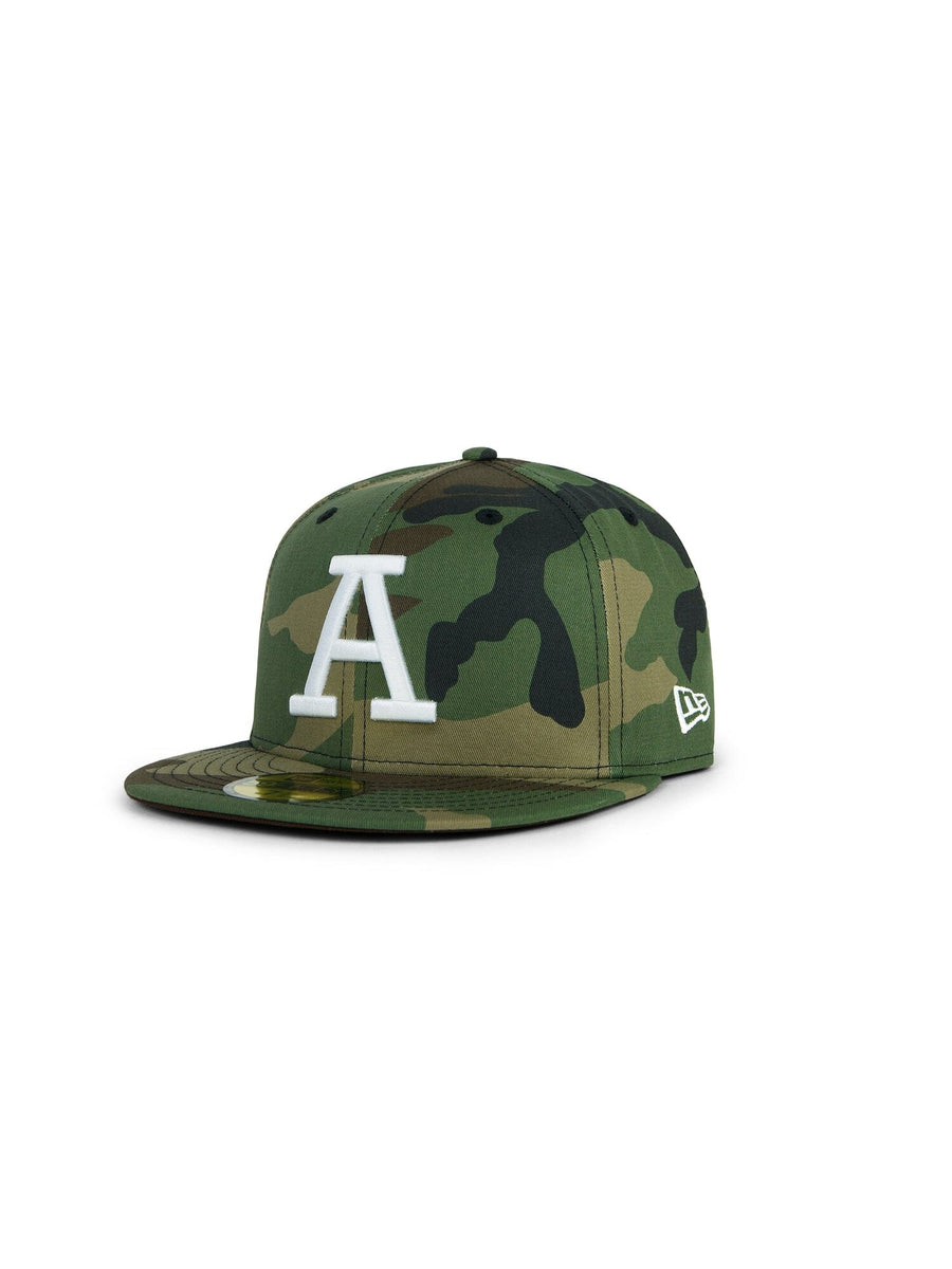 Alpha Industries 5950 Collegiate A Hat, green camouflage design, large white A on front, Alpha Industries logo on left side.