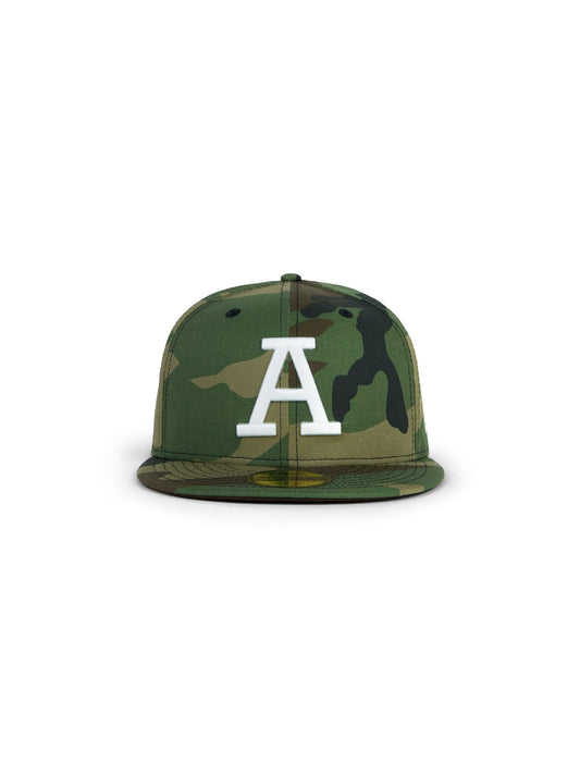 5950 Collegiate A Hat by Alpha Industries, woodland camo design, white letter A on front.