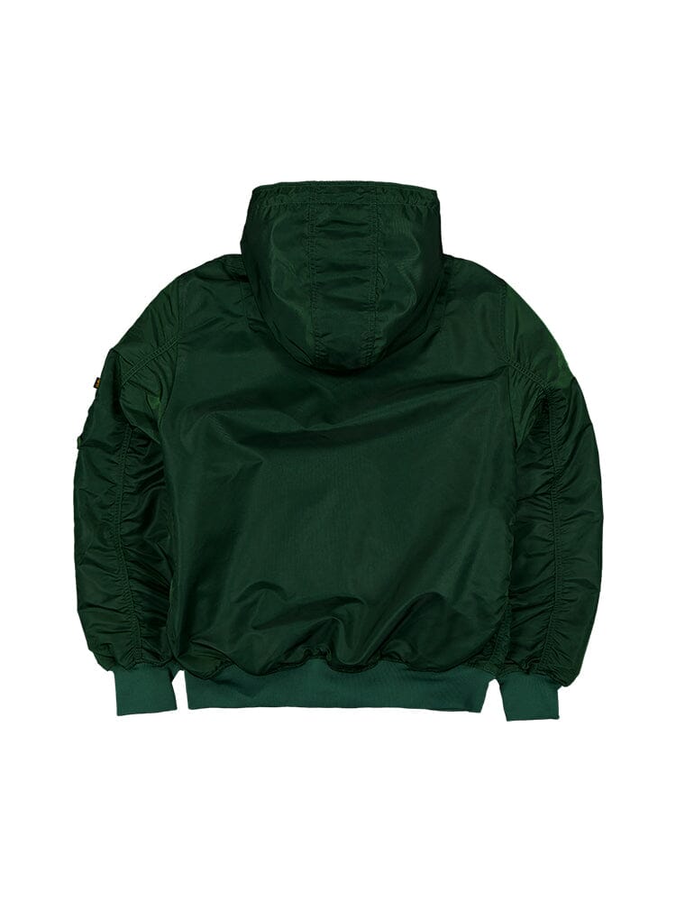 The back view of the New York Jets X Alpha X New Era L-2B Bomber Jacket from Alpha Industries, featuring a green color with ruched sleeves, showcases a classic New York Jets bomber style.