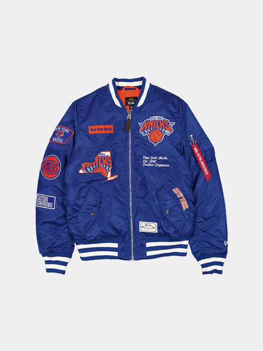 NEW YORK KNICKS X ALPHA X NEW ERA MA-1 BOMBER JACKET (BLUE) OUTERWEAR Alpha Industries BLUE/WHITE S 